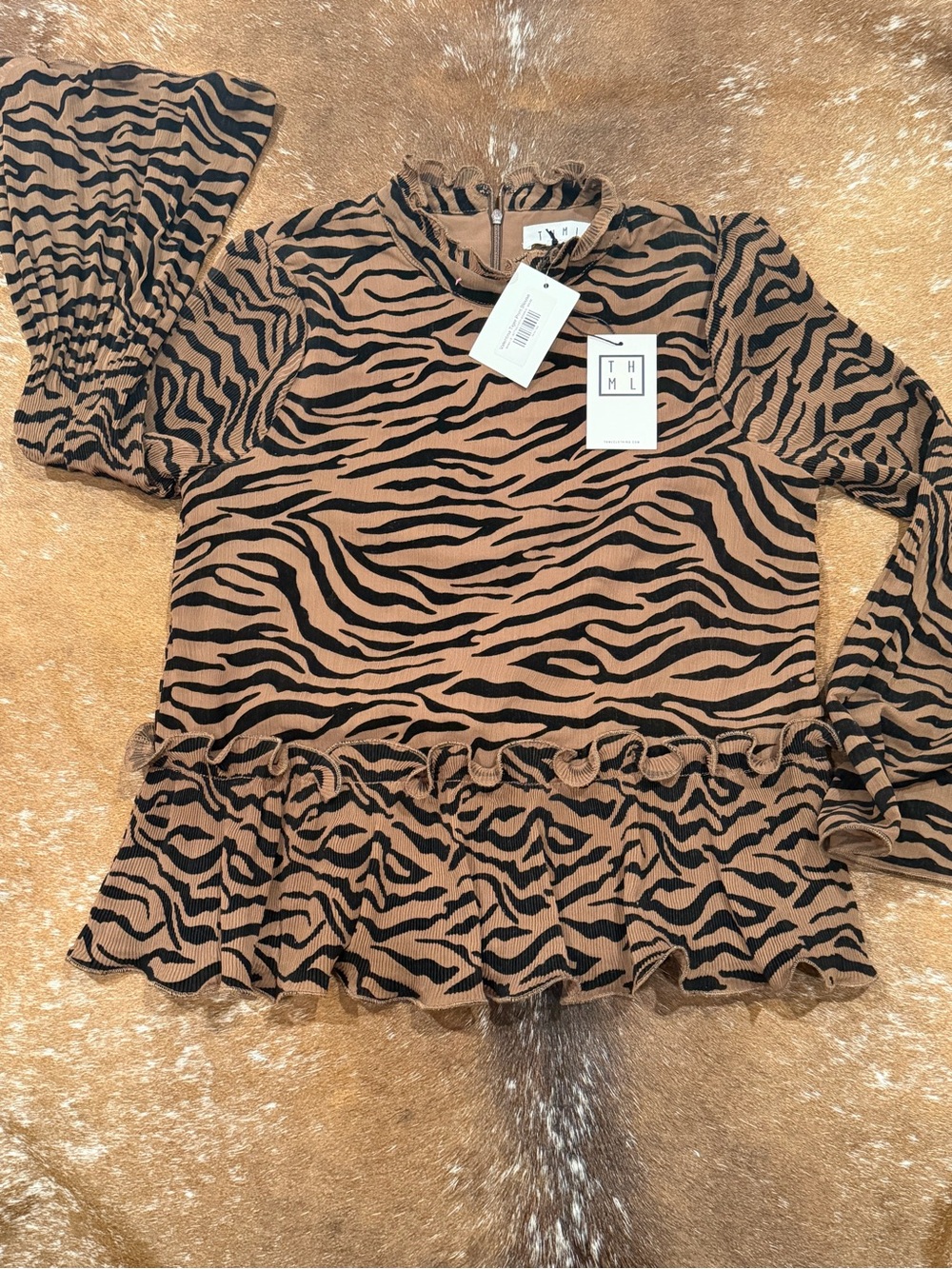NWT THML Valentina Tiger Print Ruffle Peplum Blouse S